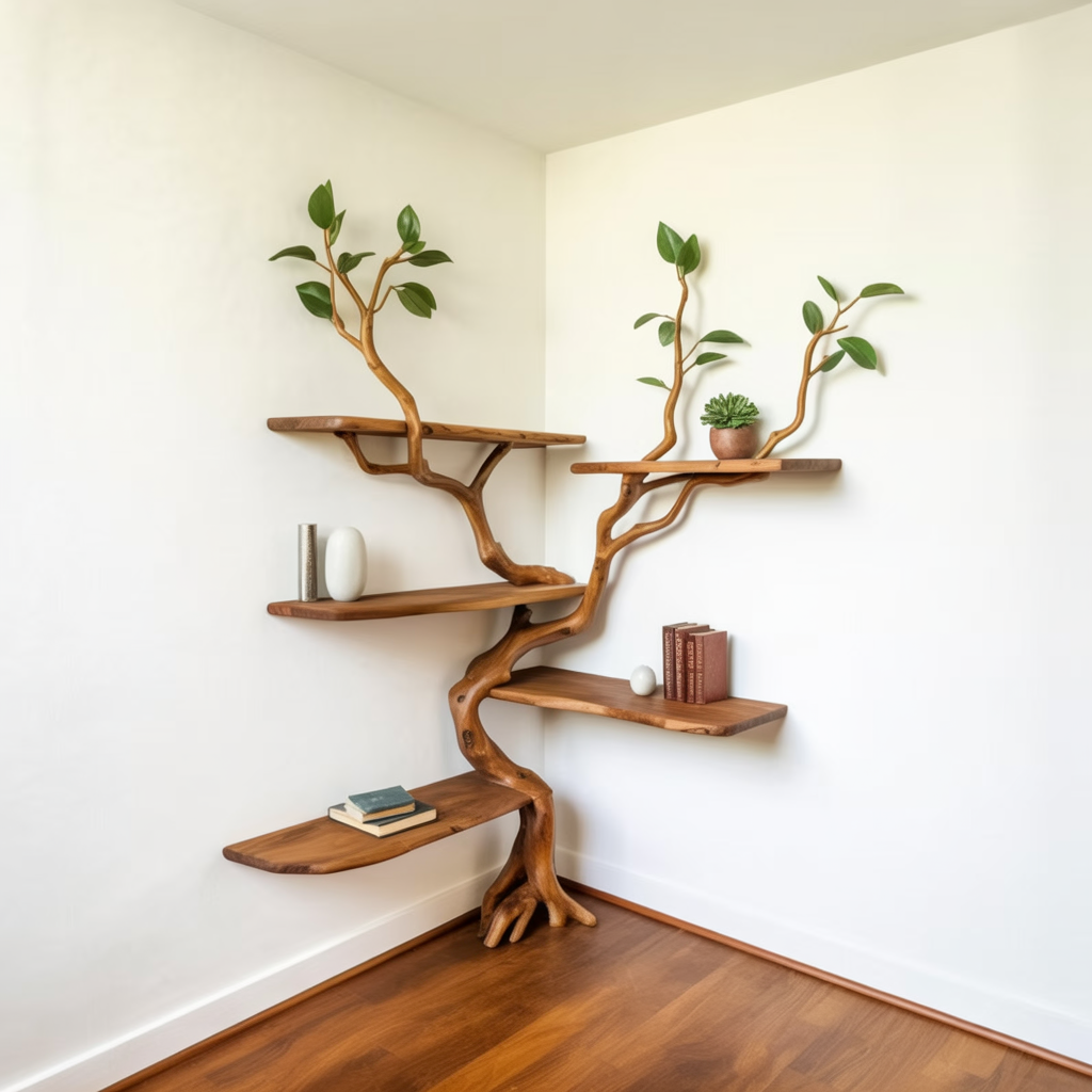 Eck-Baum-Bücherregal aus Massivholz mit Vase, Sukkulente und Büchern