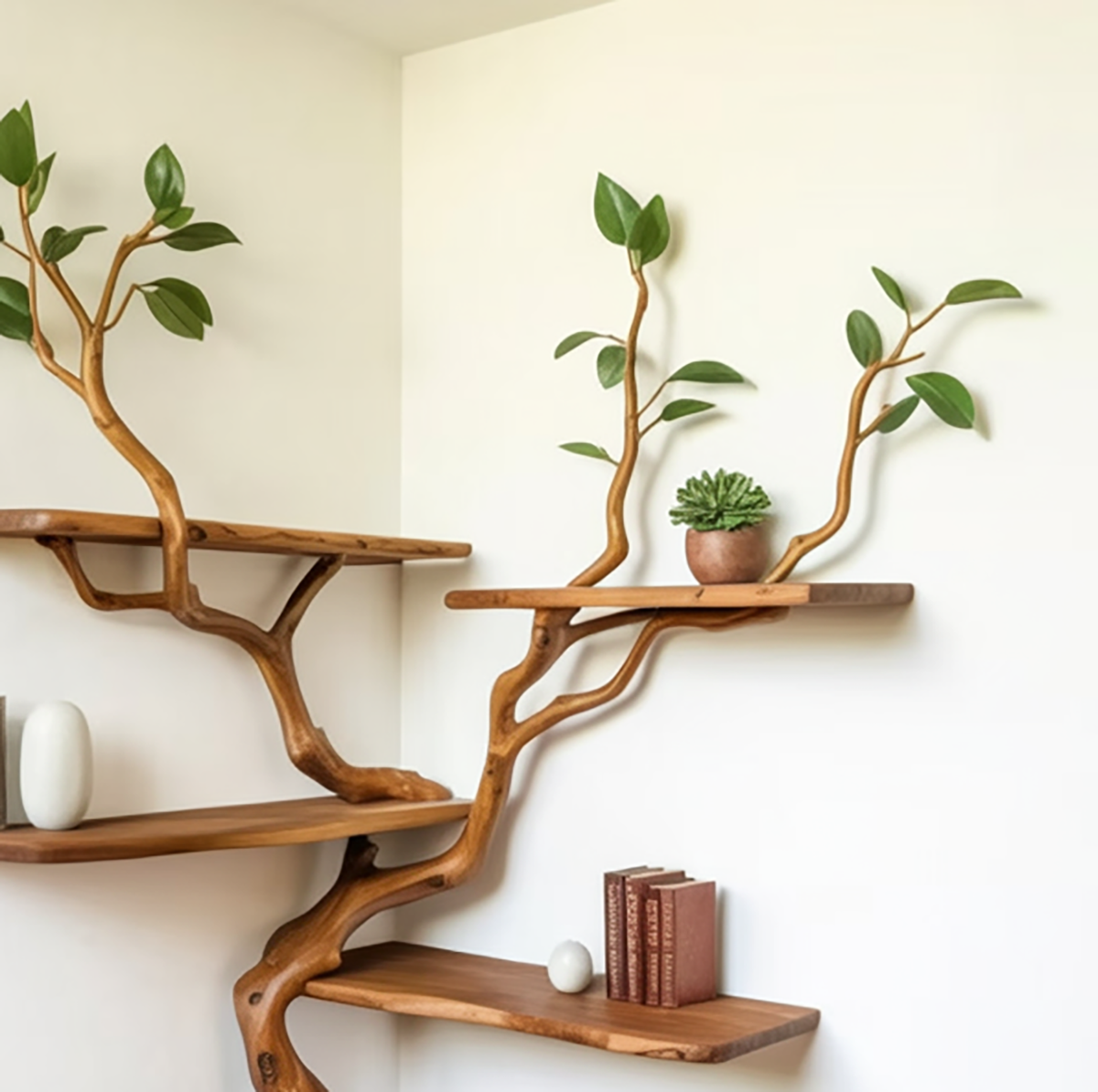 Wandmontiertes Baum-Bücherregal im Astdesign