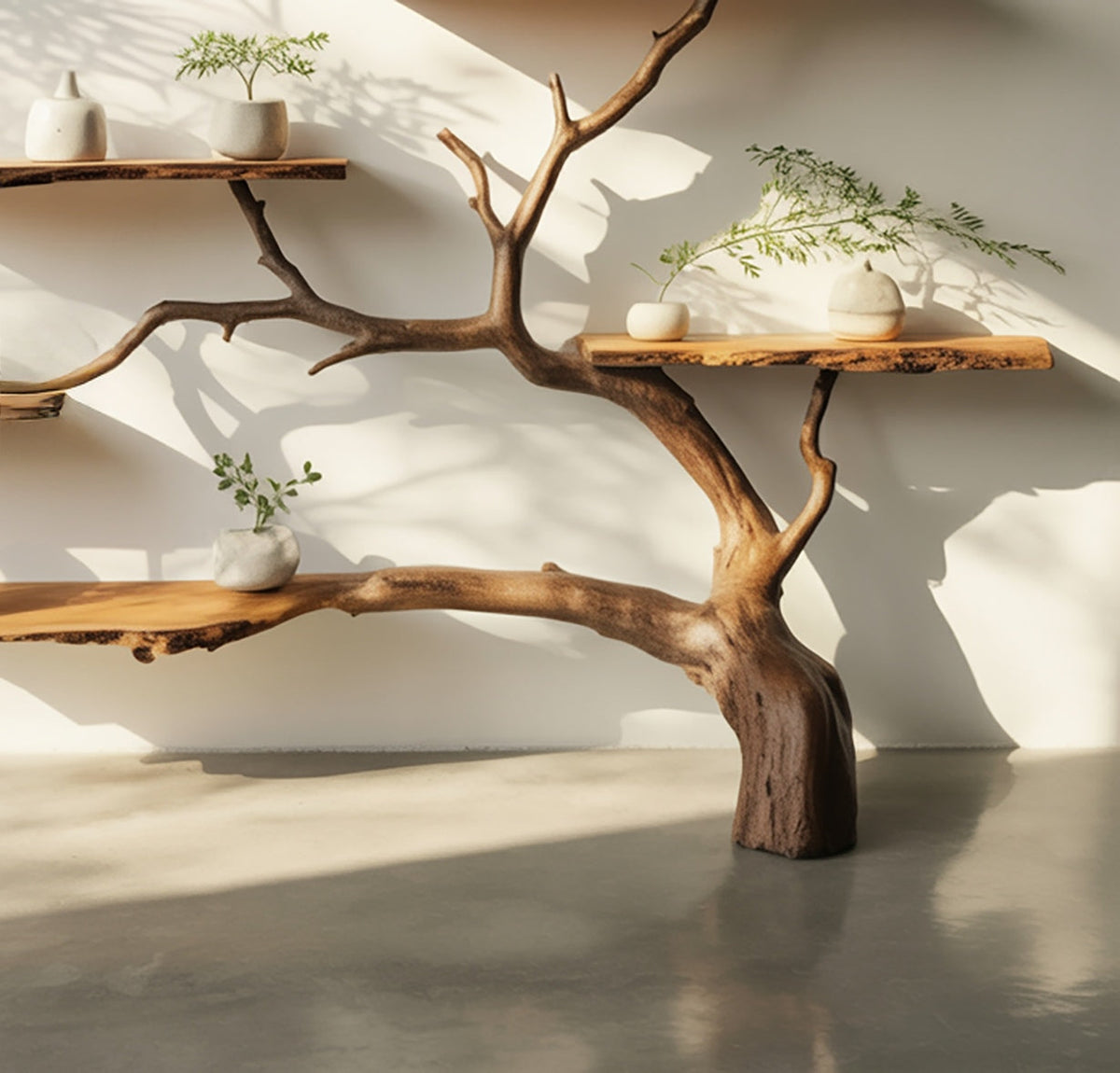 Baum-Bücherregal im organischen Holzdesign auf einem modernen Betonboden