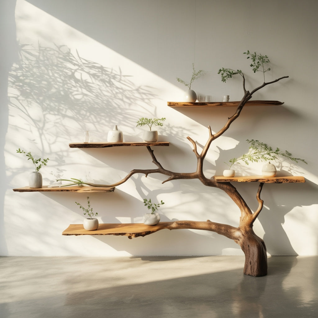 Baum-Bücherregal als Wandinstallation mit kleinen grünen Pflanzen in einem sonnigen Raum
