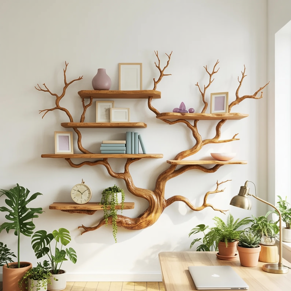 Astholz-Wandregal mit Baumkante aus Massivholz im skulpturalen Design