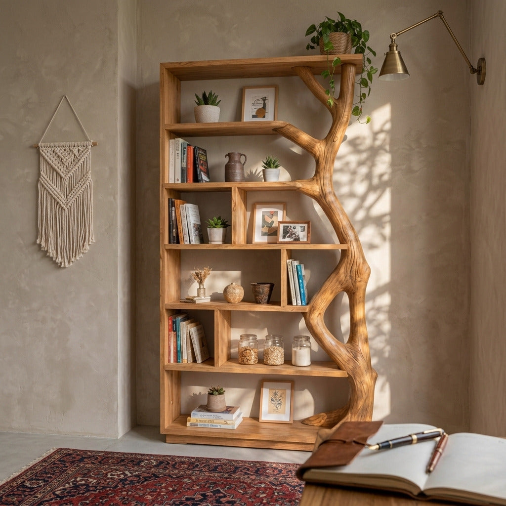 Organisches Bücherregal aus Massivholz in einem zeitgenössischen Arbeitszimmer