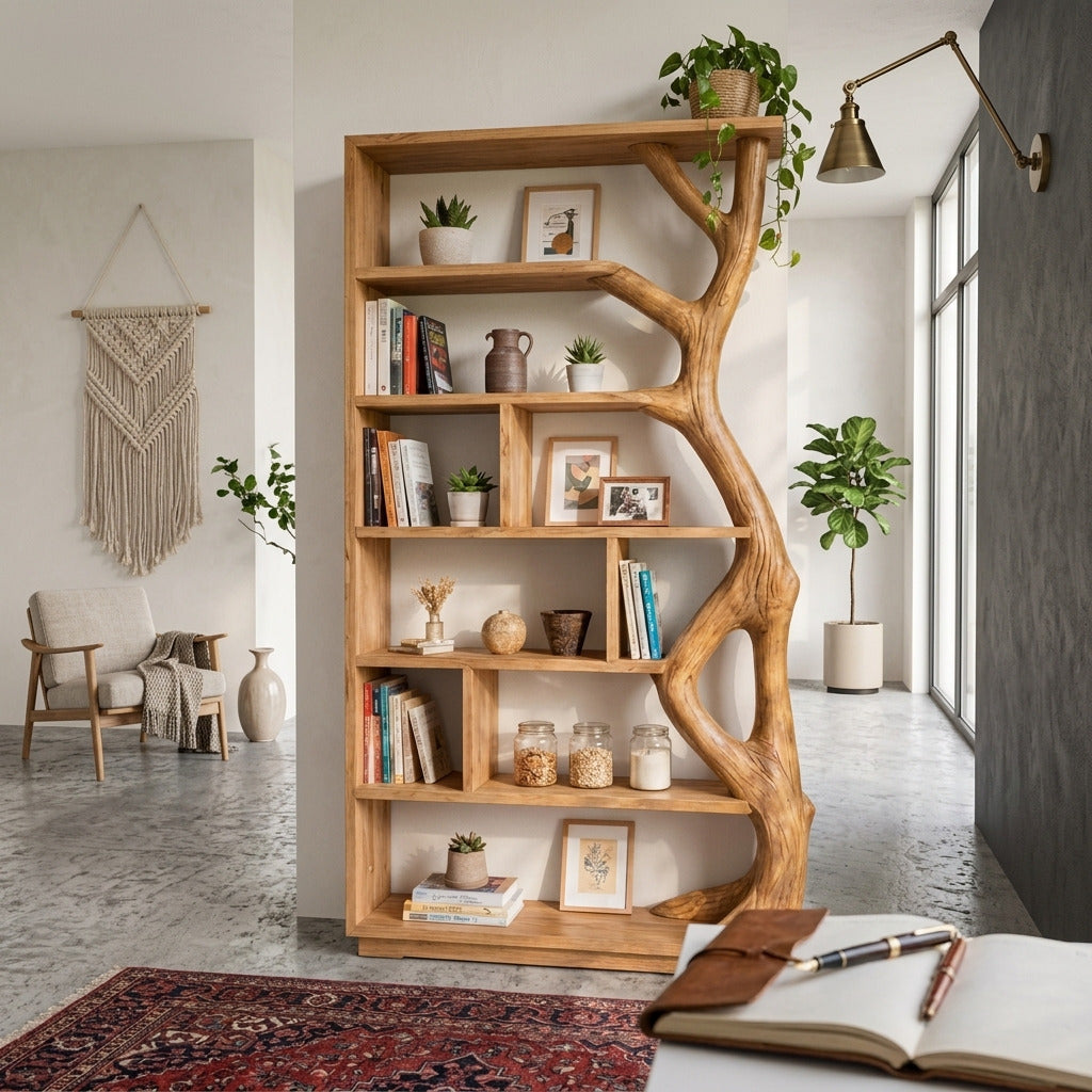 Skulpturales Astholz-Bücherregal aus Massivholz