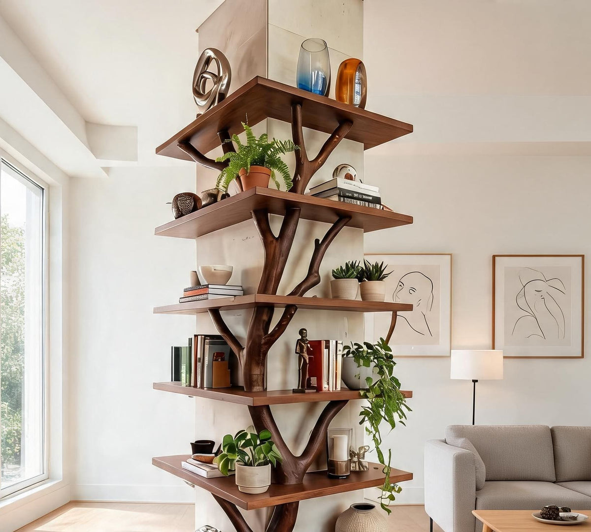 Skulpturales Holz-Baumregal im organischen Design