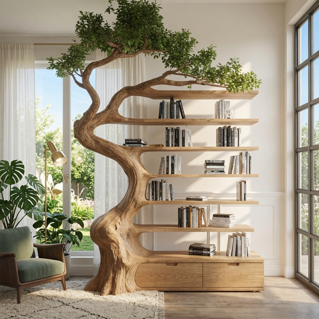 Skulpturales Astholz-Bücherregal aus Massivholz