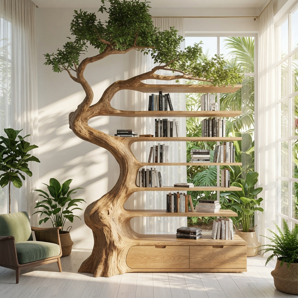 Modernes Bücherregal aus Massivholz mit Schubladen, das einen luxuriösen Leseplatz aufwertet
