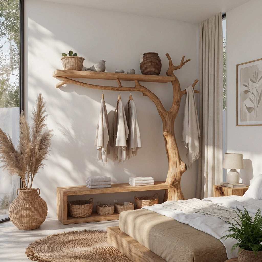 Moderne Garderobe und Bank aus Massivholz in einem minimalistischen Schlafzimmer