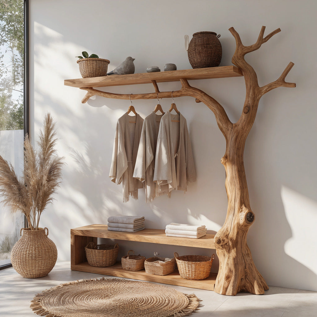 Skulpturale Astgarderobe mit Eingangsbank aus Massivholz