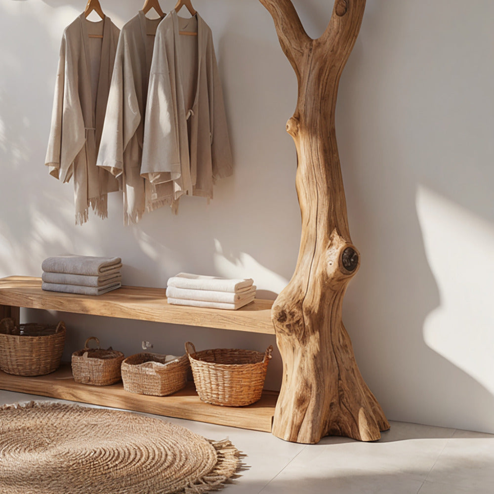 Künstlerische Garderobe aus Massivholz mit integrierter Bank