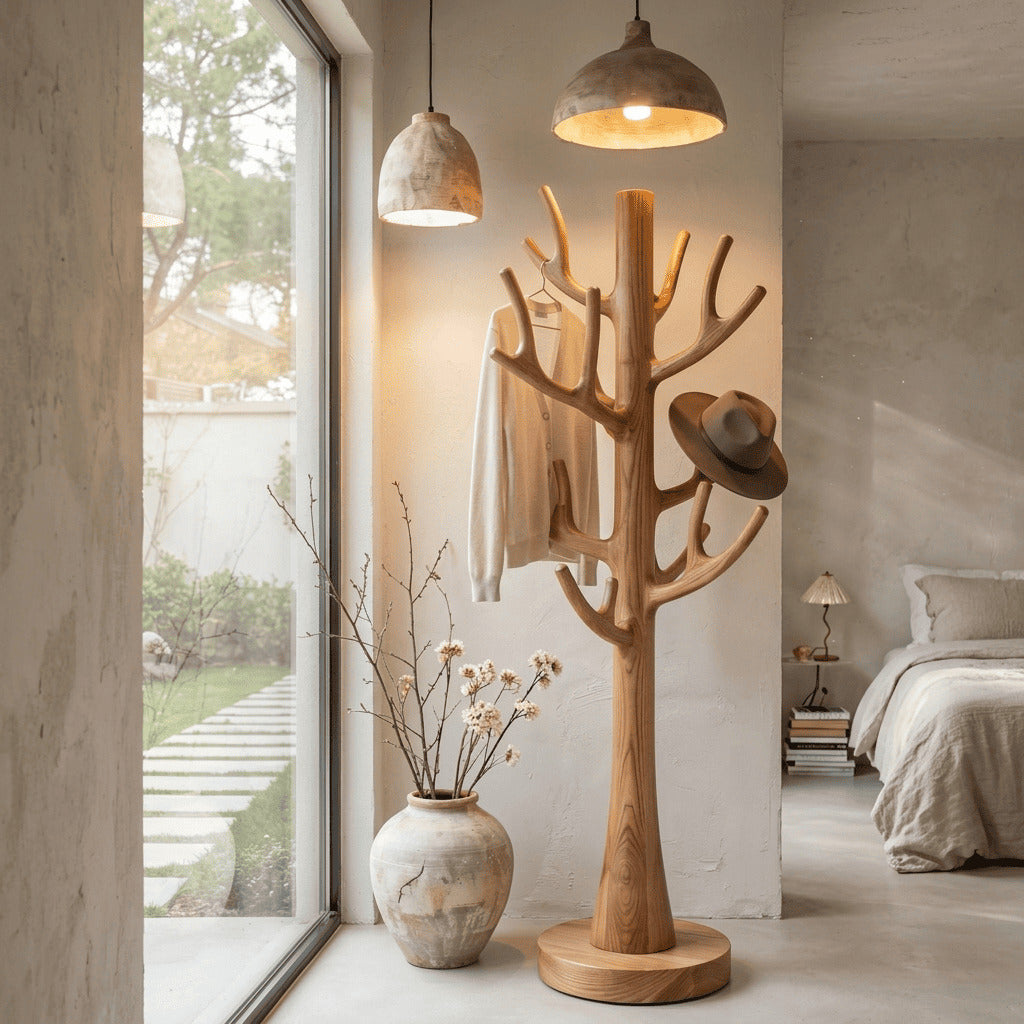 Organische freistehende Garderobe aus Massivholz, präsentiert in einem minimalistischen Schlafzimmer