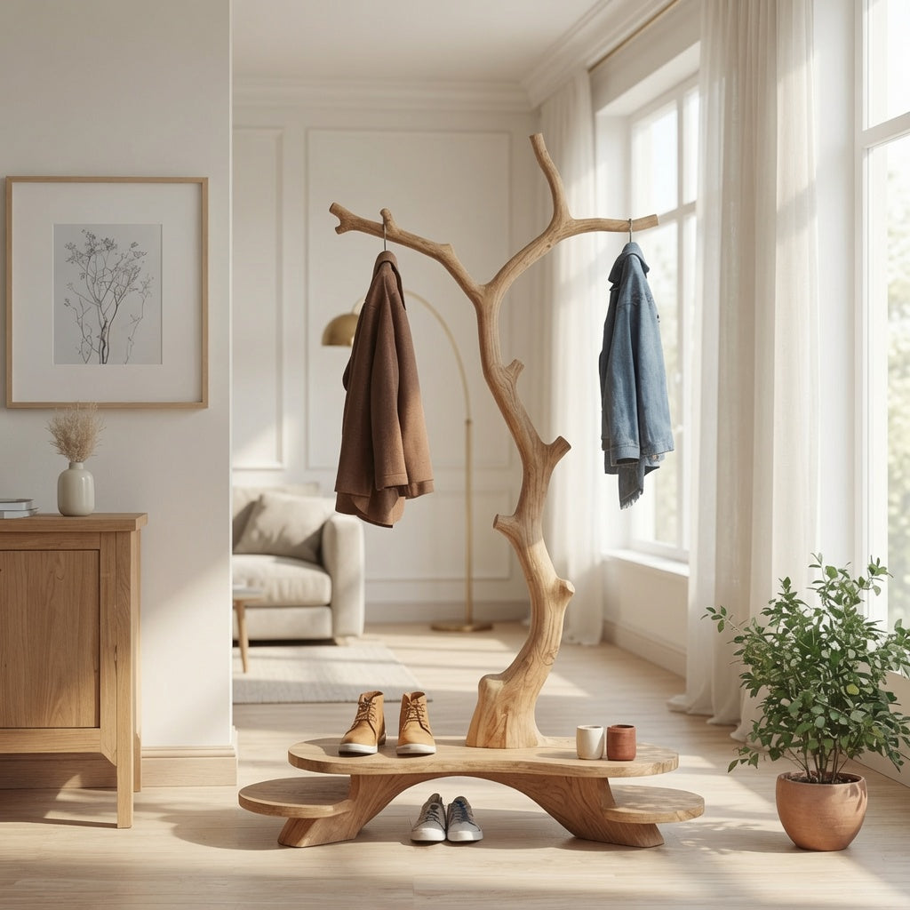 Skulpturale Garderobe aus Massivholz mit Schuhbank in einem modernen Eingangsbereich