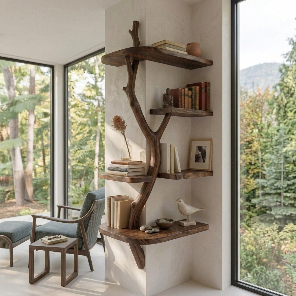 Skulpturales Holz-Eckregal, das einem luxuriösen Wohnbereich natürliche Eleganz verleiht