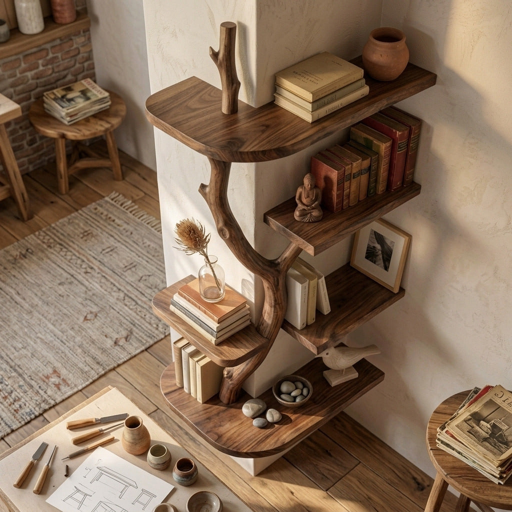 Künstlerisches Holz-Eck-Schauregal in einem skandinavischen Interieur