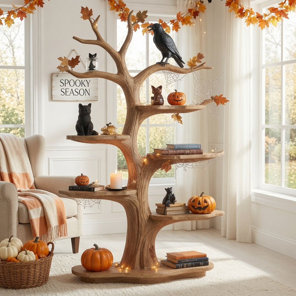 Skulpturales Halloween-Regal in Astform aus Massivholz in einem modernen Wohnzimmer