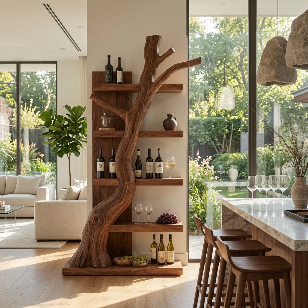 Skulpturales Astholz-Weinregal aus Massivholz in einer modernen Hausbar