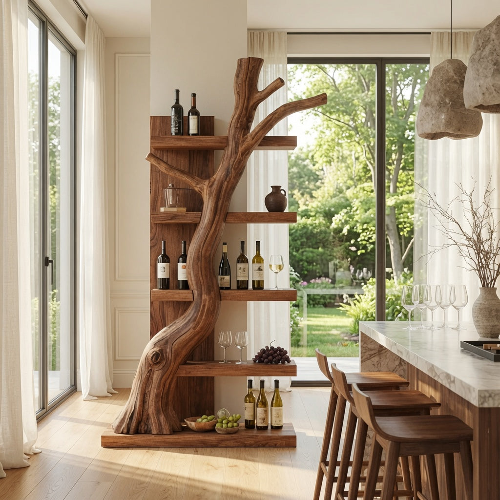 Organisches Astholz-Wein-Schauregal aus Naturhartholz