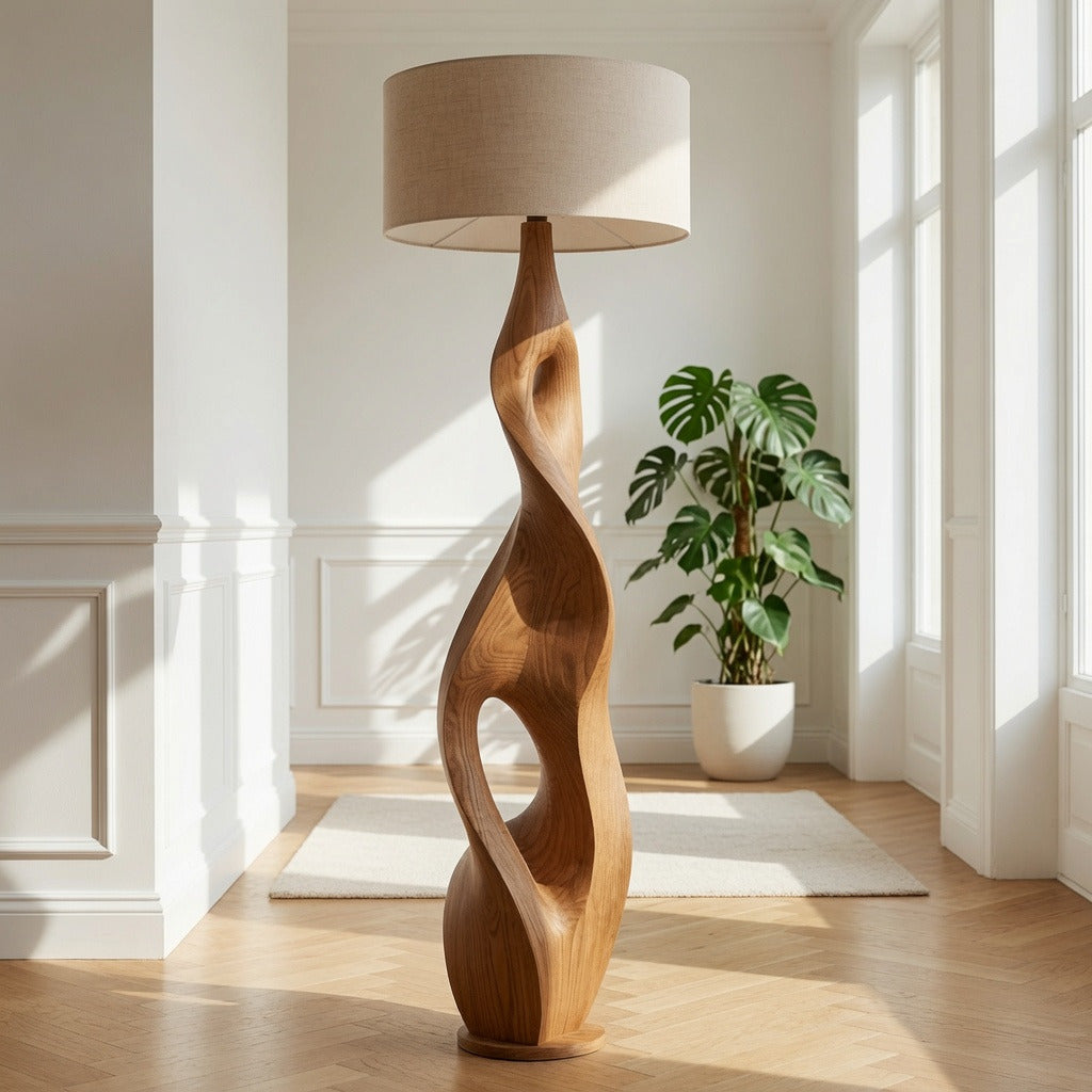 Handgefertigte Holz-Stehlampe, die ein zeitgenössisches minimalistisches Interieur aufwertet