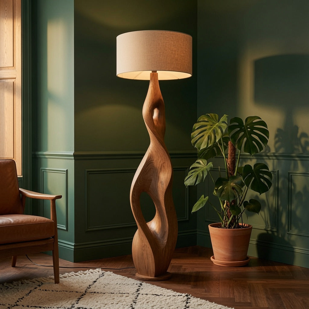 Künstlerische skulpturale Holzlampe in einer luxuriösen Lounge mit modernem Dekor