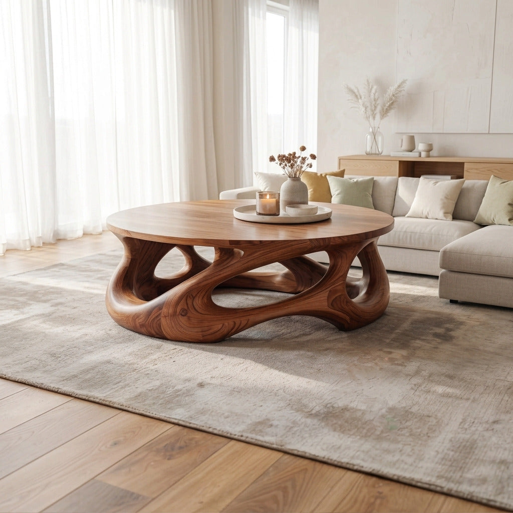 Organischer Wellen-Couchtisch aus Massivholz in einem modernen Wohnzimmer
