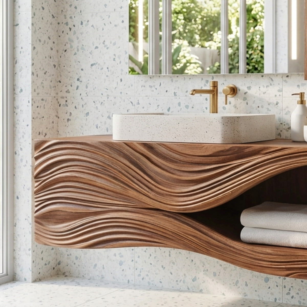 Handwerklicher Waschtisch aus Massivholz im skulpturalen Design