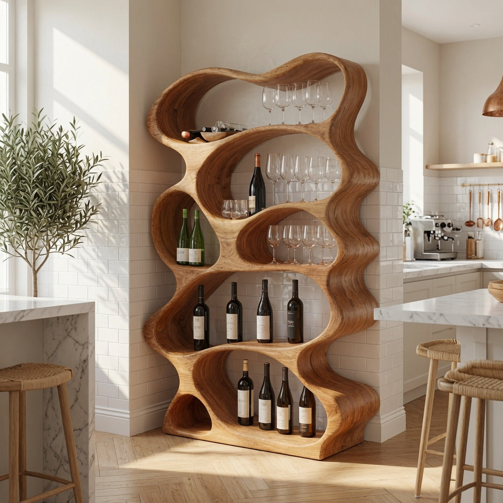 Baumkanten-Weinregal aus Naturhartholz, das ein zeitgenössisches Esszimmer aufwertet