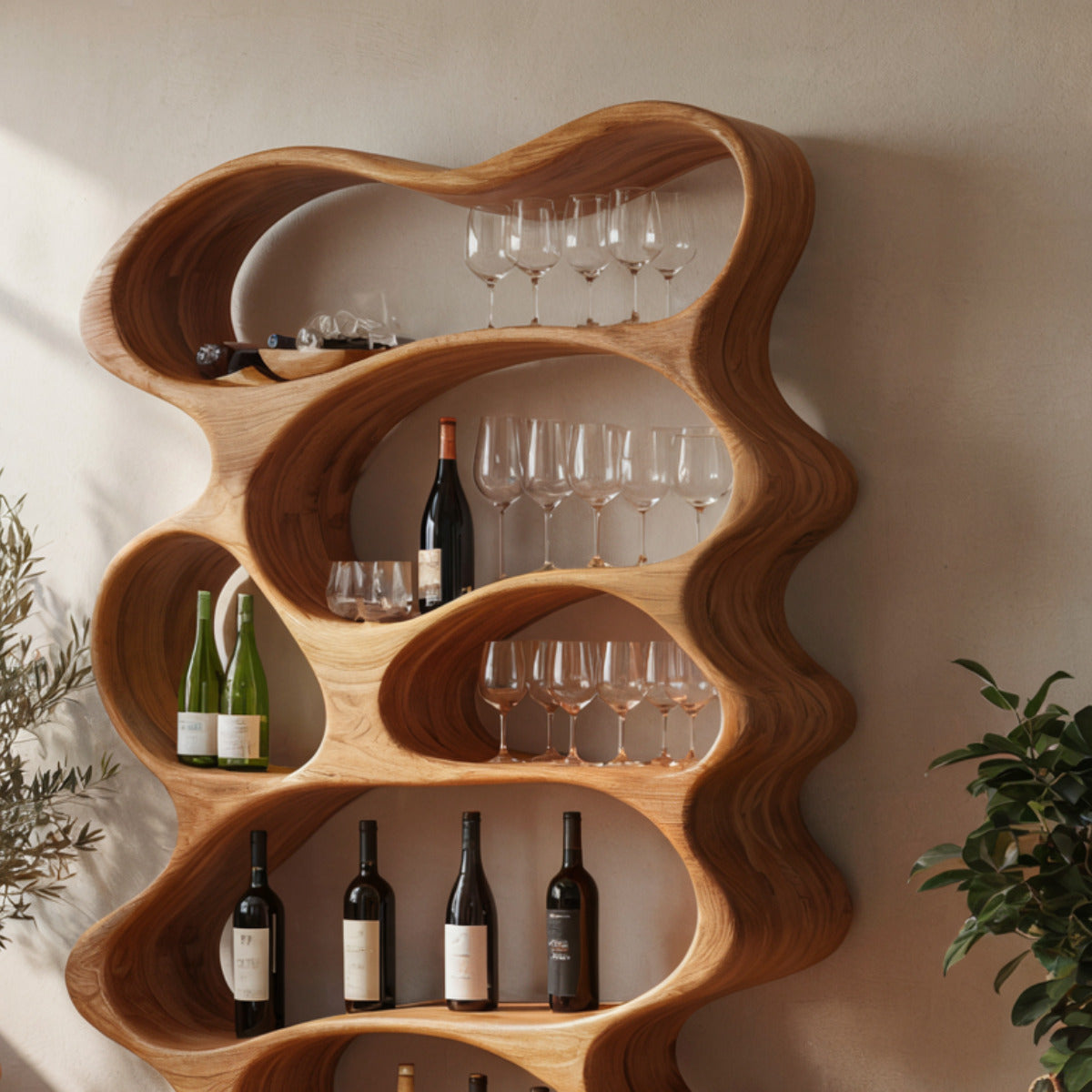 Baumkanten-Wein-Schauregal aus Holz im skulpturalen Wellendesign