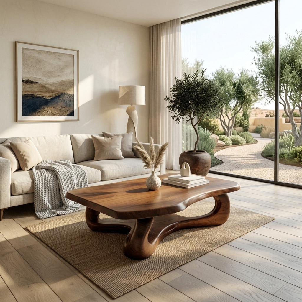 Skulpturaler Wellen-Couchtisch aus Massivholz in einem modernen Wohnzimmer