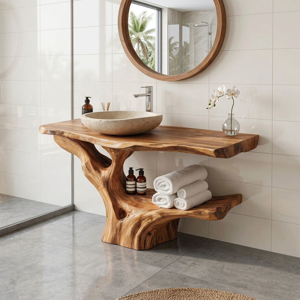 Handgemachter Holz-Waschtisch, der ein Spa-inspiriertes Interieur schafft