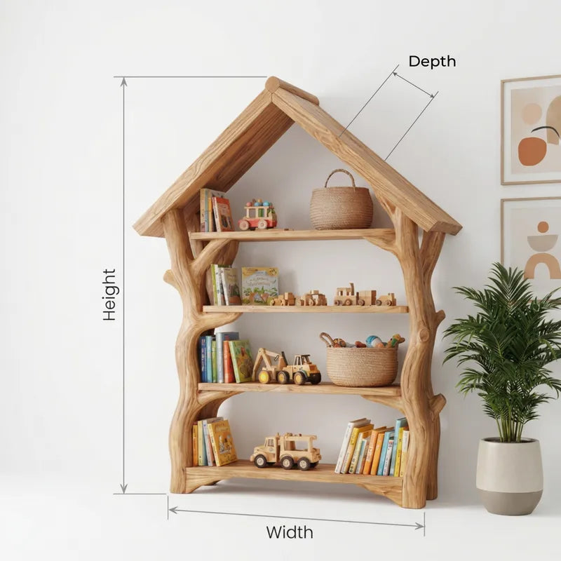 Skulpturales handgeschnitztes Baumhaus-Kinderbücherregal aus Massivholz & Spielzeug-Aufbewahrung