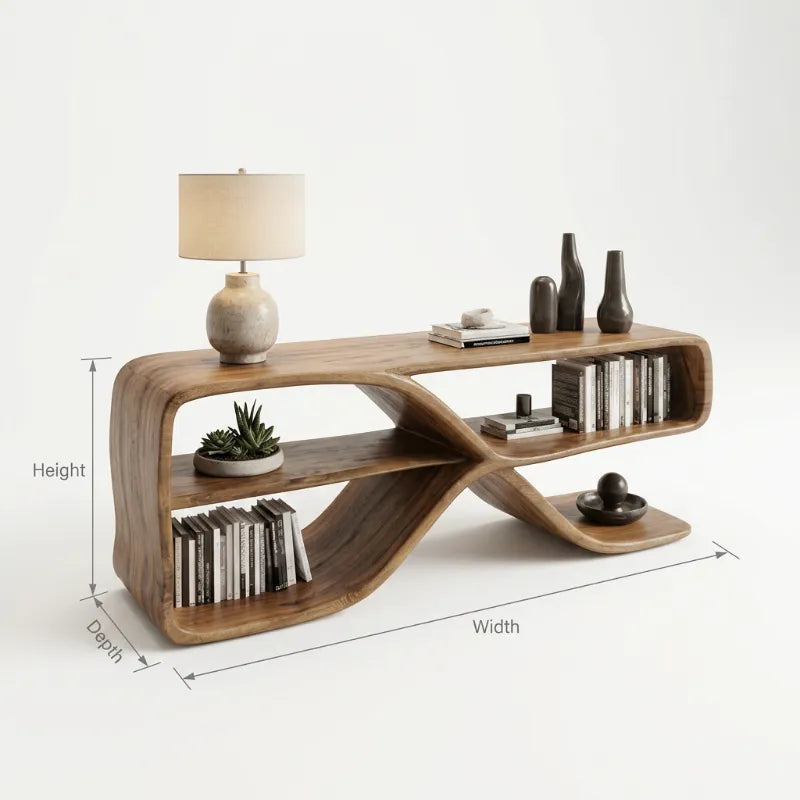 Skulpturales offenes Sideboard aus Massivholz – Handgeschnitztes Wellen-Bücherregal