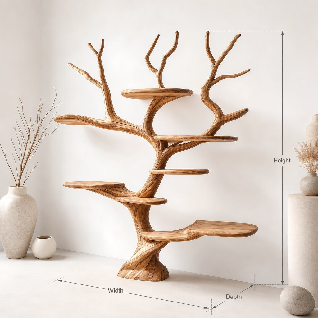 Maßdiagramm eines Baum-Bücherregals aus Massivholz mit Höhe, Breite und Tiefe