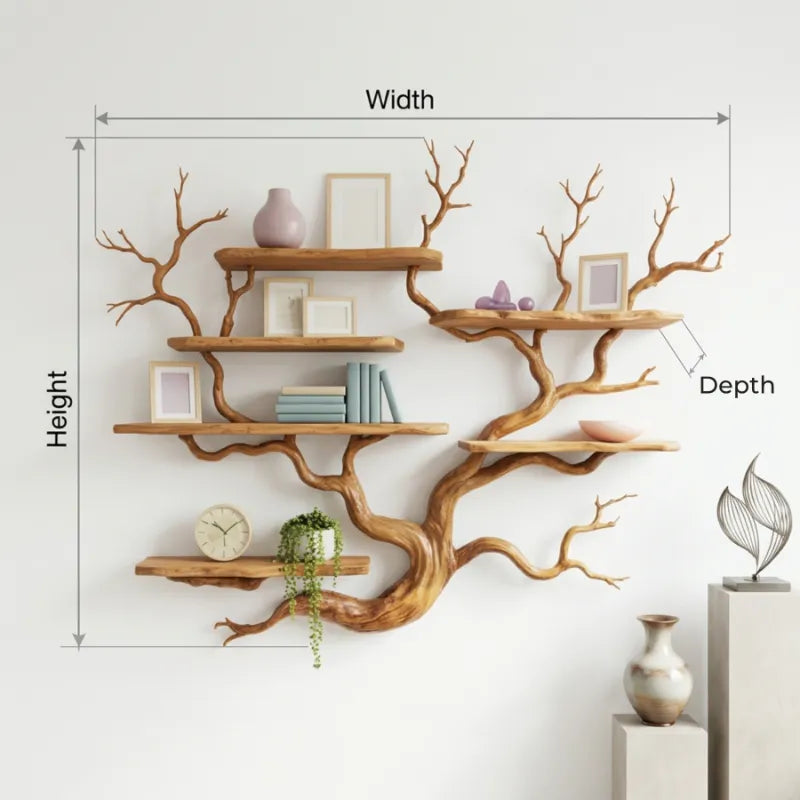 Skulpturales Astholz-Wandregal aus Massivholz mit Baumkante – Organisches Statement-Bücherregal