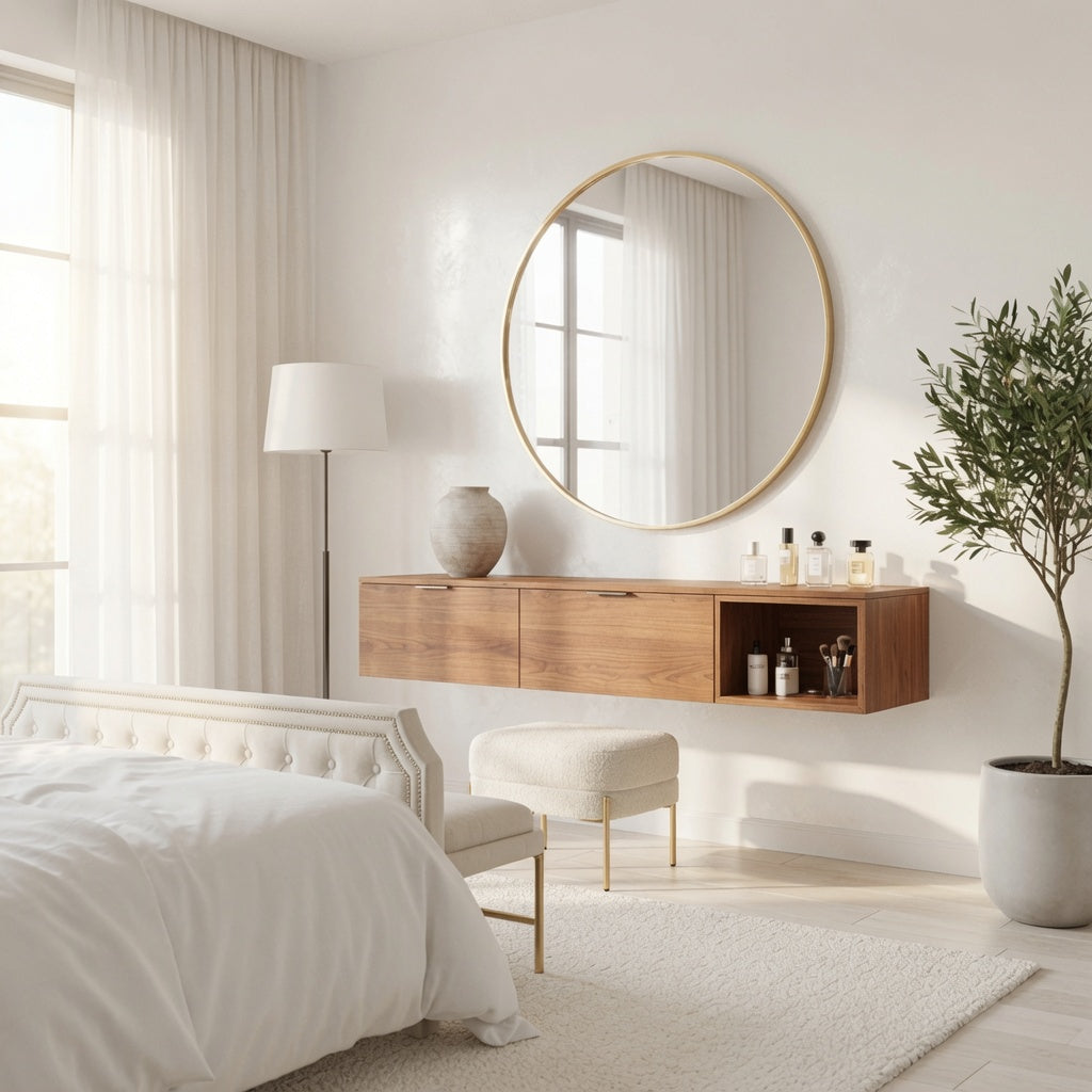 Moderne schwebende Schminktisch-Konsole aus Massivholz in einem minimalistischen Schlafzimmer