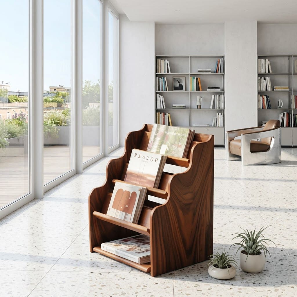 Eleganter Zeitschriftenständer aus Massivholz, präsentiert in einem stilvollen Wohninterieur