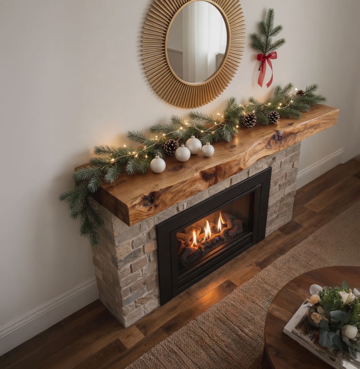 Weihnachtlich inspirierter Holz-Kaminsims über einem zeitgenössischen Kamin