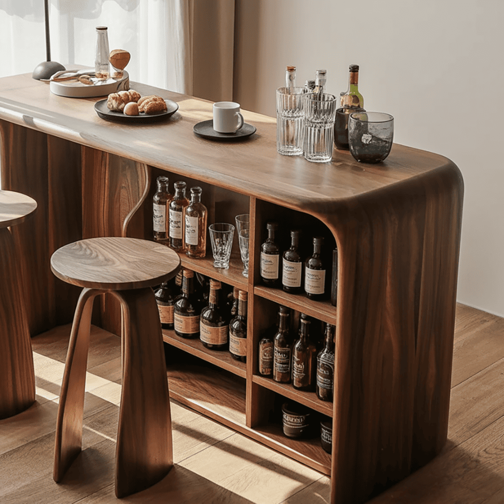 Geschwungener Barschrank aus Massivholz mit eingebauter Weinflaschenlagerung