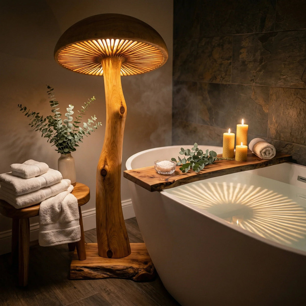 Pilz-Stehlampe aus Massivholz mit skulptiertem Stammstiel neben einer modernen Badewanne und Kerzen