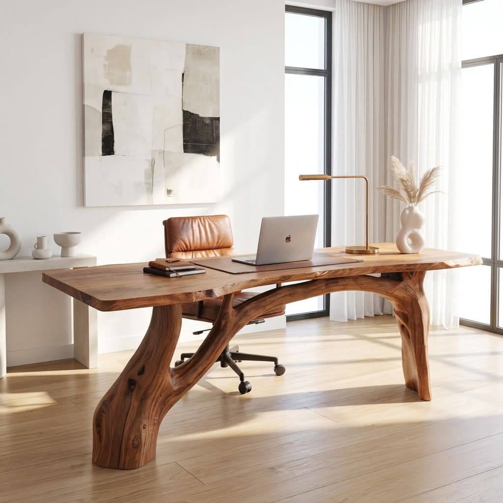 Handgefertigter Arbeitsschreibtisch aus Massivholz, gestylt in einem modernen Arbeitszimmer