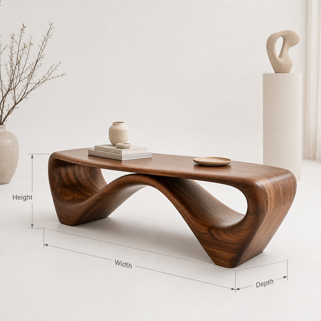 Mid-Century-Modern-Bank aus massivem Nussbaum im organisch skulpturalen Design für einen großzügigen Eingangsbereich
