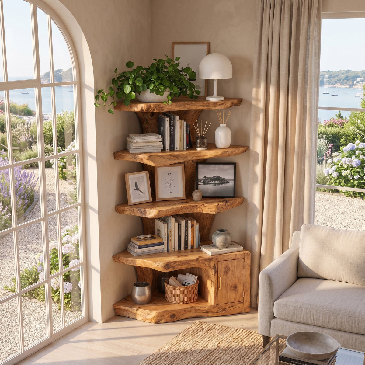 Zeitgenössisches Eckbücherregal aus Massivholz mit geschlossenem Stauraum in einem hellen Wohnzimmer