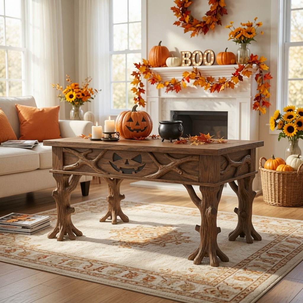 Schaurig geschnitzter Fledermaus-Baumwurzel-Couchtisch aus Massivholz in einem Halloween-Wohnzimmer
