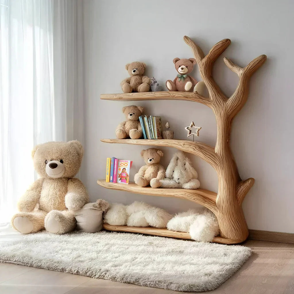 Mid-Century-Baum-Wandregal aus Holz in einem Kinder-Babyzimmer mit Büchern und Spielzeug