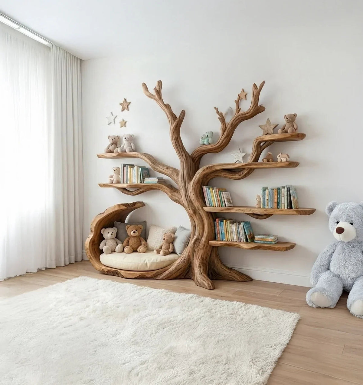 Handgefertigtes Kinder-Bücherregal aus Massivholz in einem gemütlichen Babyzimmer mit Büchern, Spielzeug und weichem Dekor