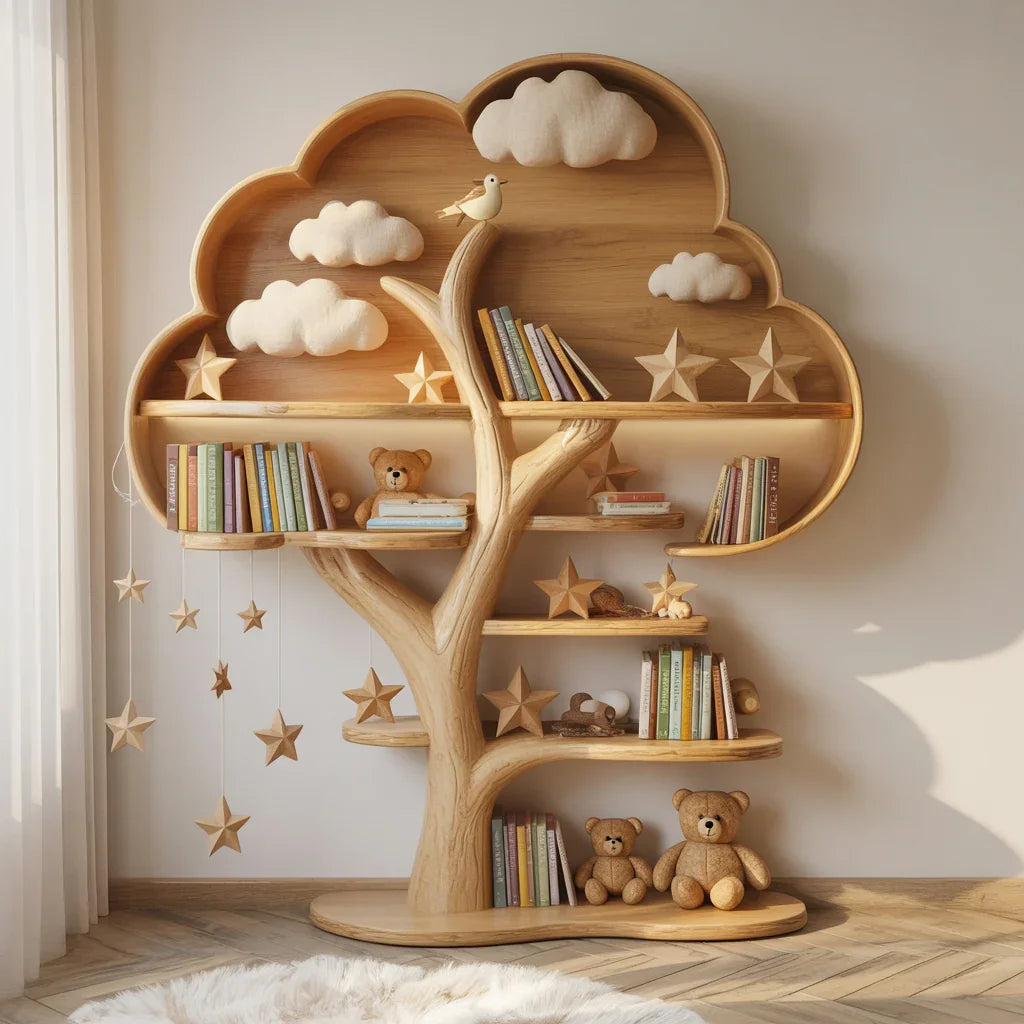 Kinder-Baum-Bücherregal aus Massivholz im Babyzimmer mit Büchern und Spielzeug auf den Regalen