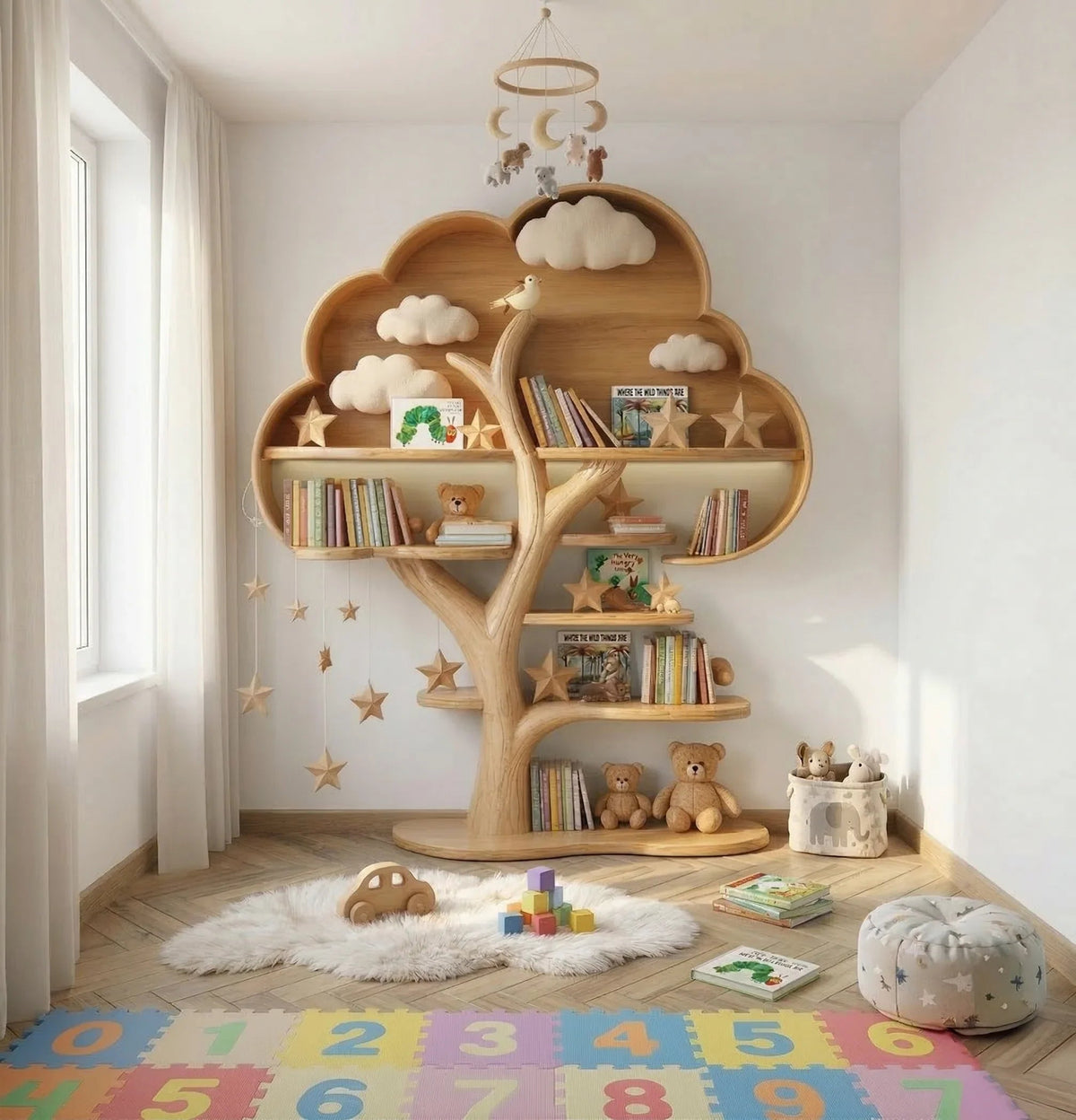 Kinder-Baum-Bücherregal aus Massivholz im Babyzimmer mit Büchern und Spielzeug auf den Regalen