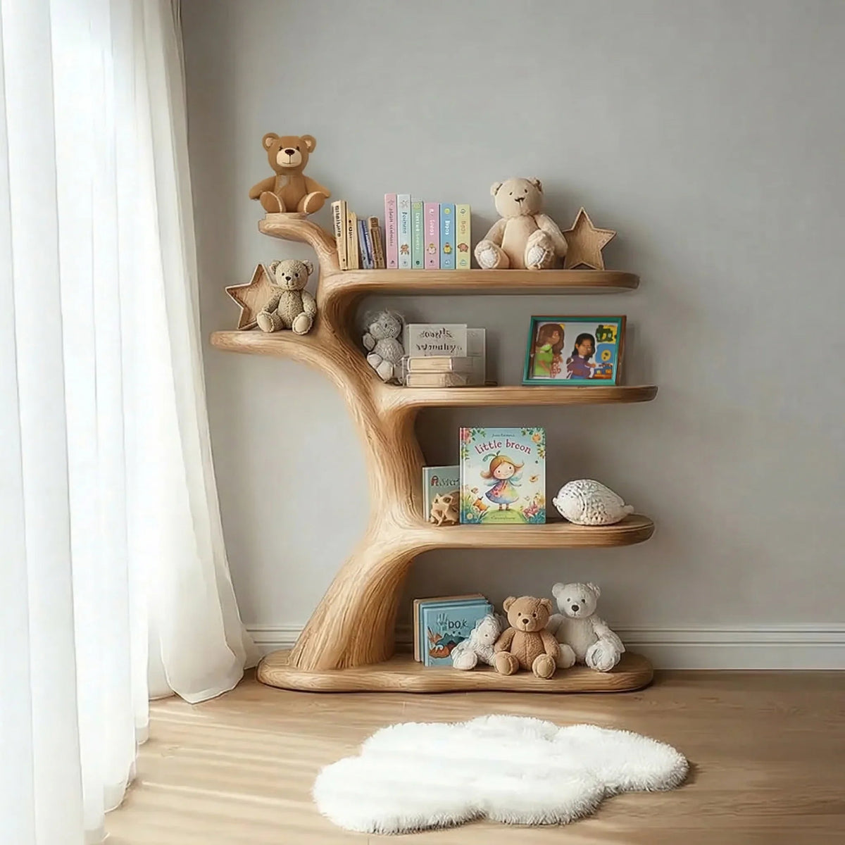 Handgemachtes Babyzimmerregal aus Massivholz im Kinderzimmer mit Büchern, Spielzeug und natürlichen Dekoelementen