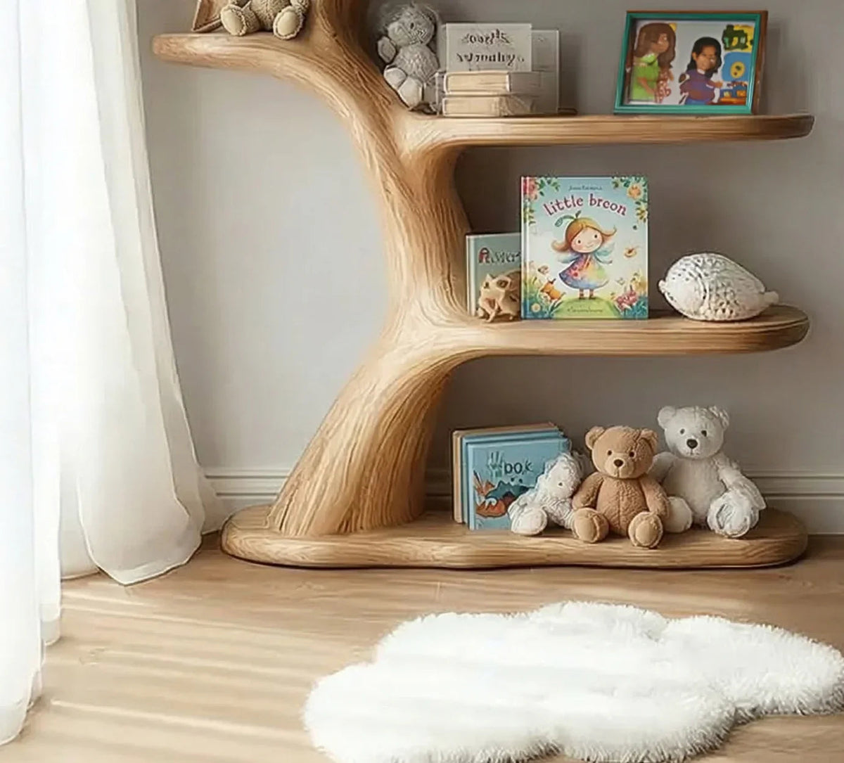 Handgemachtes Babyzimmerregal aus Massivholz im Kinderzimmer mit Büchern, Spielzeug und natürlichen Dekoelementen