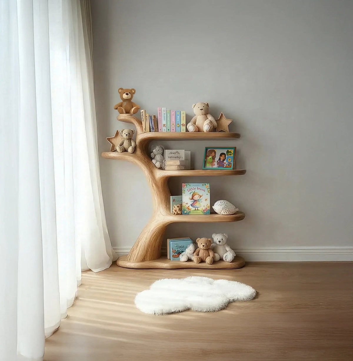 Handgemachtes Babyzimmerregal aus Massivholz im Kinderzimmer mit Büchern, Spielzeug und natürlichen Dekoelementen
