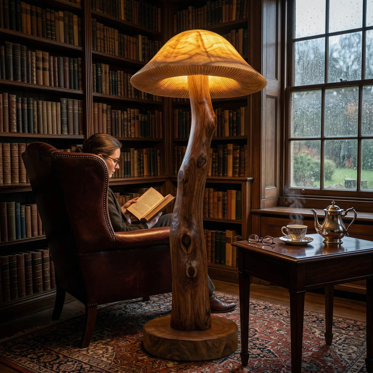 Transluzente Pilz-Stehlampe aus Holz mit leuchtendem Hut, Baumkanten-Stammstiel und rundem Nussbaumfuß.