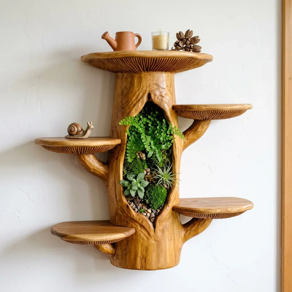 Pilz-Baumstamm-Wandregal mit Terrarium-Nische – Handgefertigtes Schauregal aus Massivholz – Ashdeco 2026